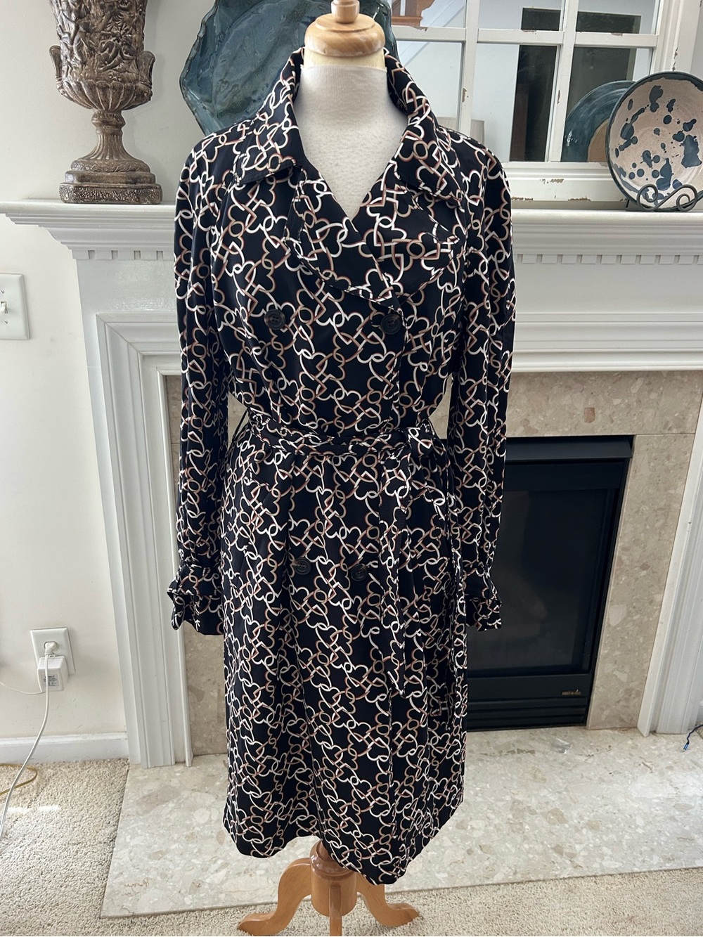Ann Taylor Black Heart Chain-Print Trench Coat